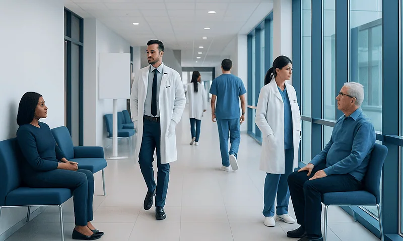 Medical professionals and patients in a modern hospital corridor.