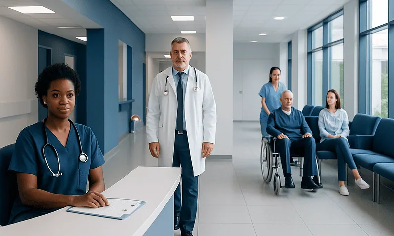 Healthcare professionals and patients in a modern hospital corridor.
