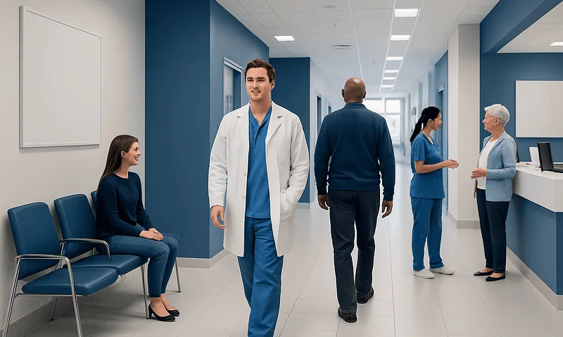 Healthcare professionals and patients in a modern hospital corridor.