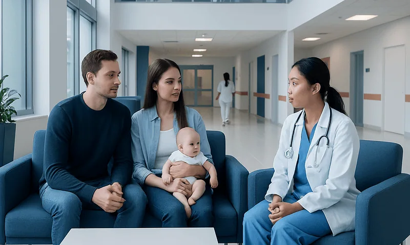 Family consulting with a doctor in a hospital waiting area.