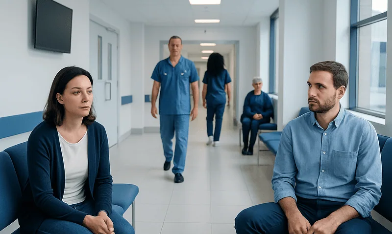 Patients waiting in a hospital corridor with medical staff nearby.