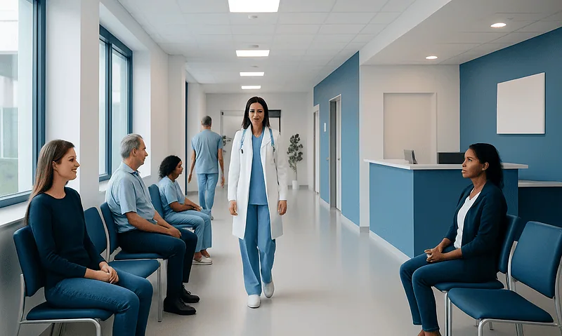 Medical consultation in a hospital corridor with patients and a doctor.