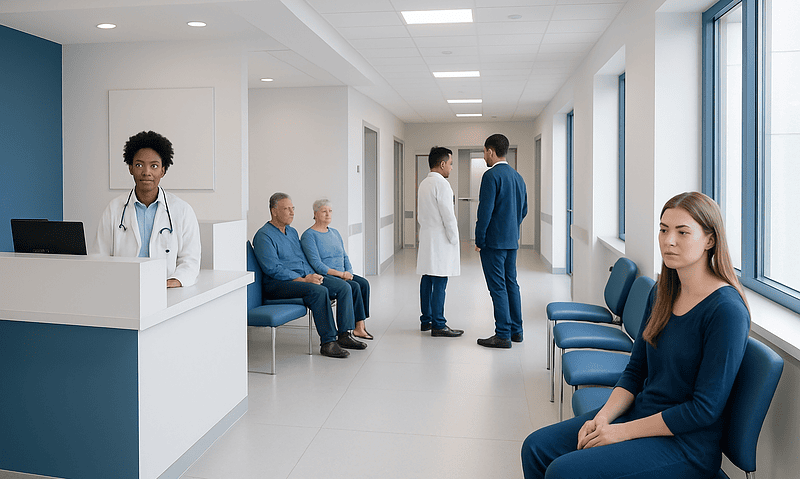Patients waiting in a modern hospital corridor with medical staff present.