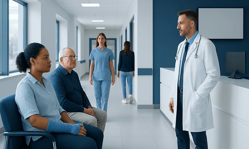 Doctor consulting patients in a hospital corridor with medical staff in the background.