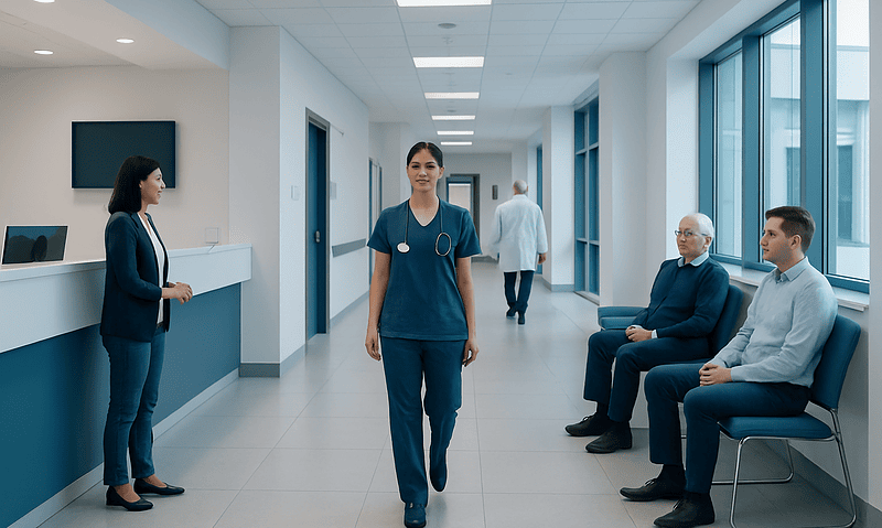 Healthcare professionals and patients in a modern hospital corridor.