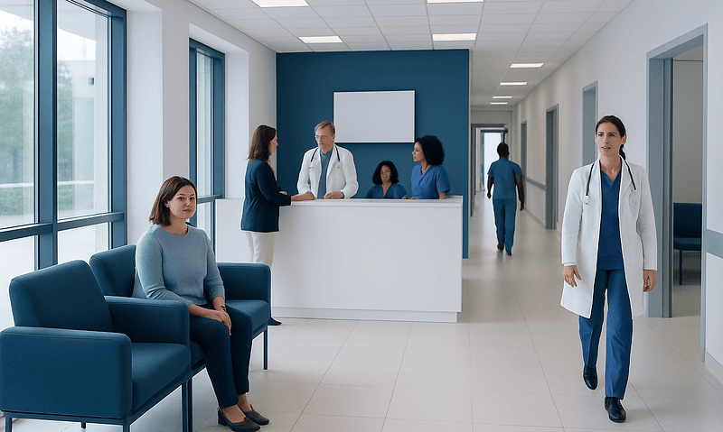 Modern hospital reception area with medical staff and patient seating.