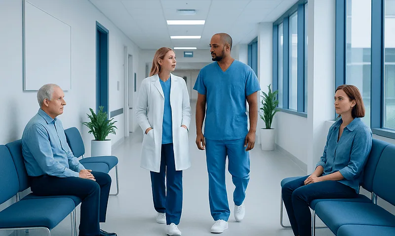 Medical team consulting in hospital corridor with patients.