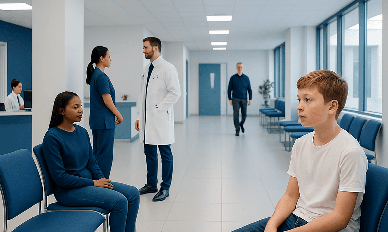 Children waiting in a hospital corridor with a doctor and nurse.