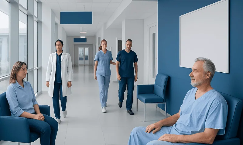 Medical team discussing patient care in hospital corridor.