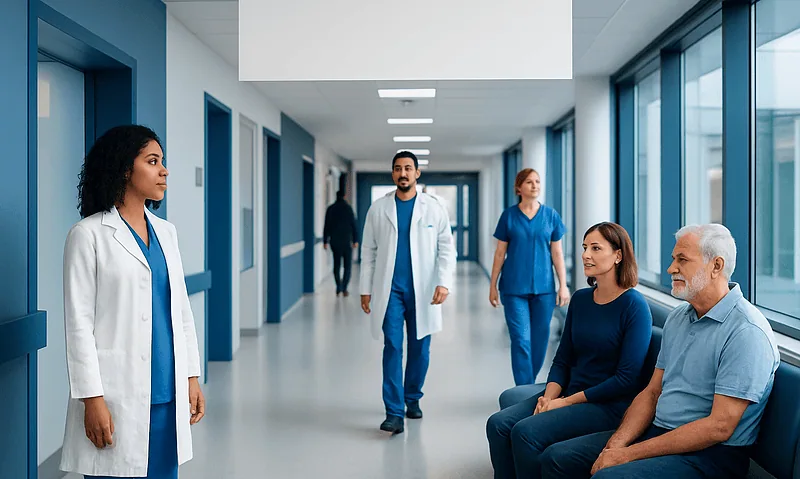 Medical team consulting patients in hospital corridor at Acibadem Hospitals.