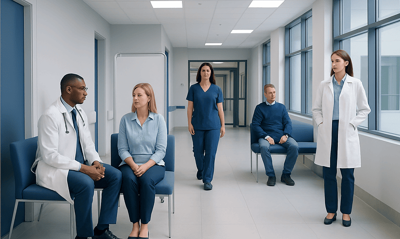 Medical team in hospital corridor with patients and staff.