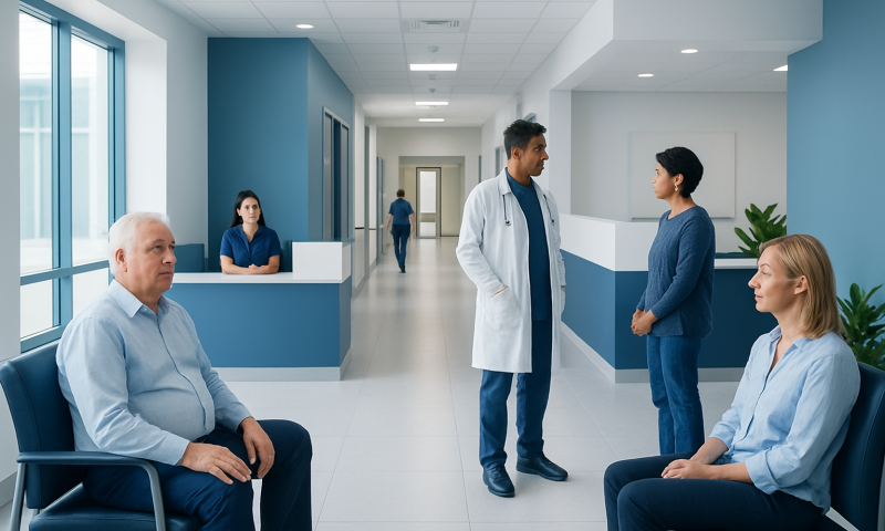 Medical consultation in a modern hospital corridor with patients and doctors.