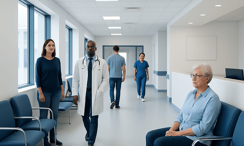 Healthcare professionals and patient in a hospital corridor at Acibadem Hospitals Group.