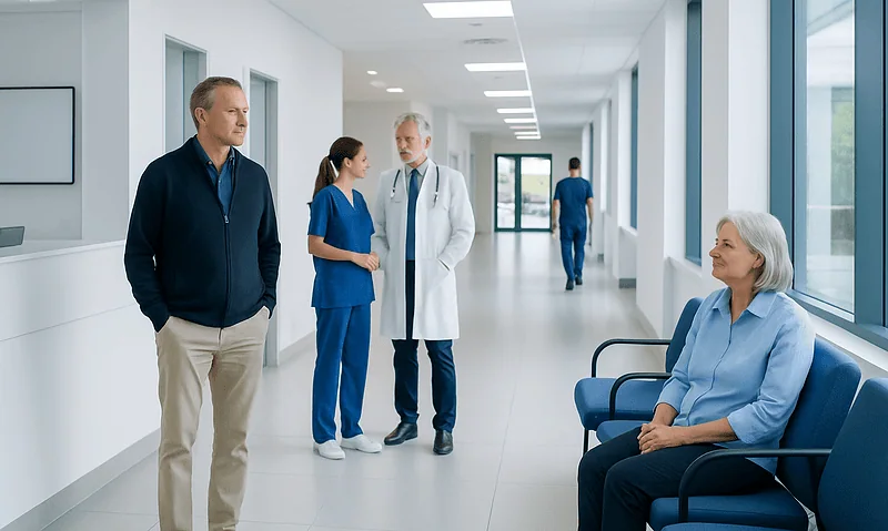 Hospital corridor with doctors and patient in a modern healthcare facility.