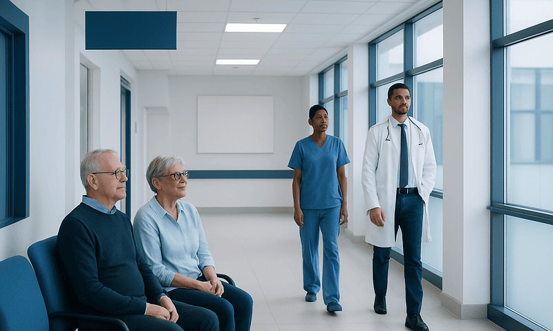 Medical consultation with elderly patients and healthcare professionals in hospital corridor.