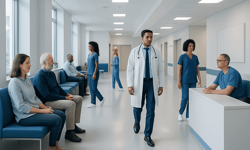 Hospital waiting area with medical staff and patients at Acibadem Hospitals Group.