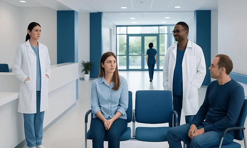 Trypanophobia: An Evidence-Based Guide for Patients 9 Medical consultation with doctors and patients in a hospital waiting area.