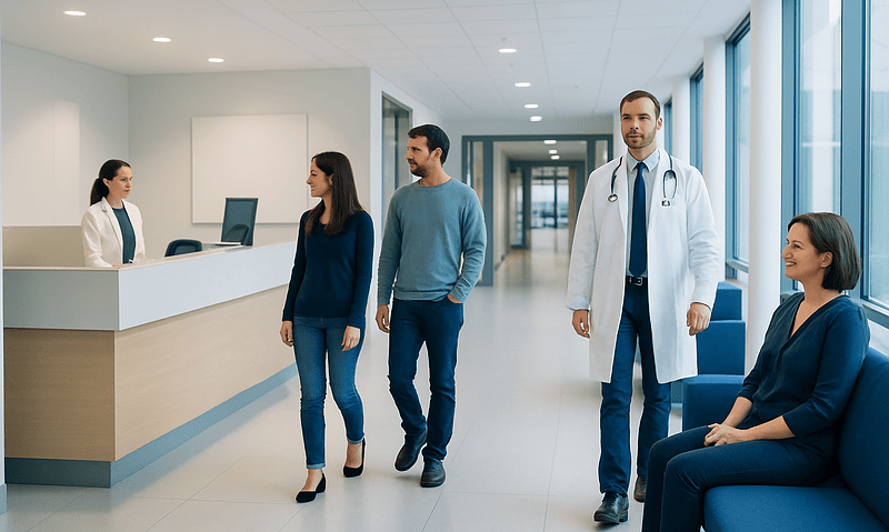 Healthcare professionals and patients in a modern hospital corridor.