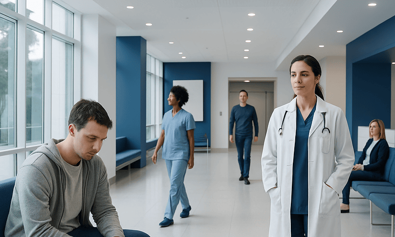 Healthcare professionals and patients in a modern hospital corridor.