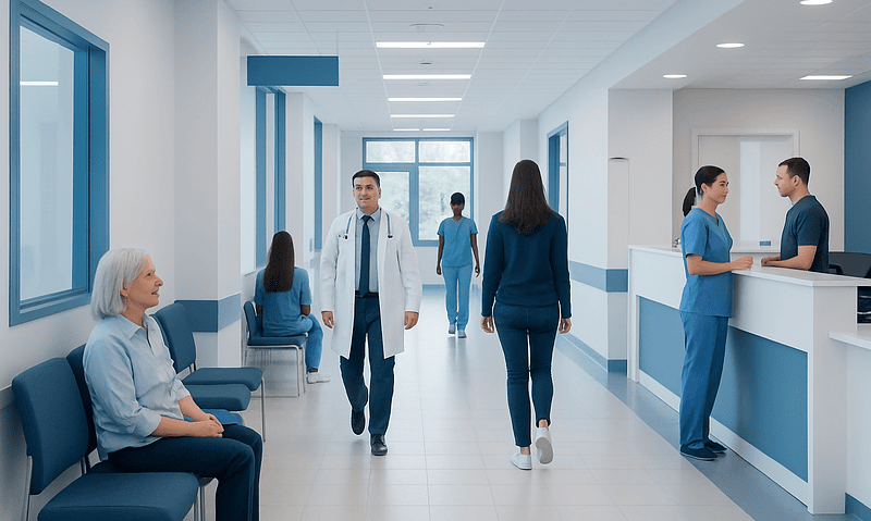 Modern hospital corridor with medical staff and patients in a healthcare facility.