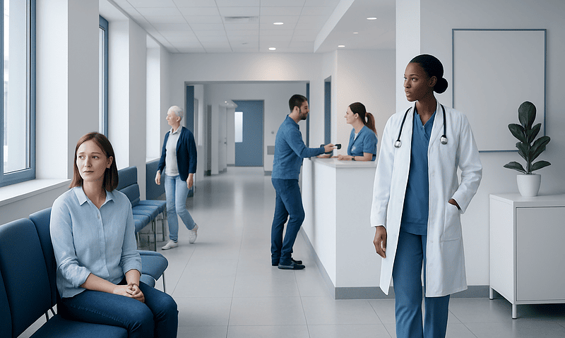 Diverse medical staff and patients in a modern hospital corridor.