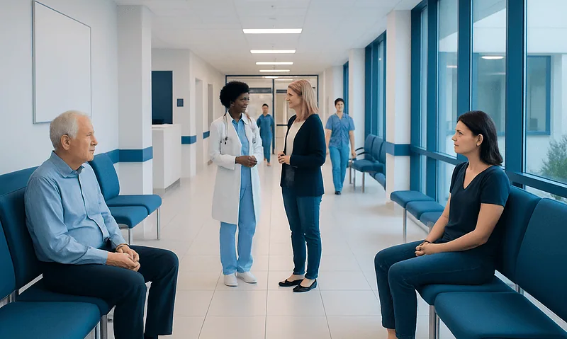 Thanatophobia: What Patients Need to Know 6 Patients and healthcare professionals in a modern hospital corridor.