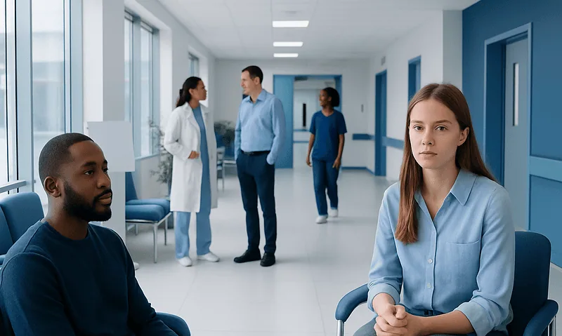Young woman with a jammed finger waiting in a hospital corridor.