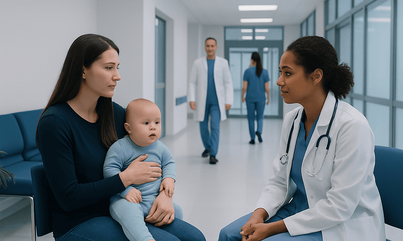 Doctor consulting with mother and baby in hospital corridor.