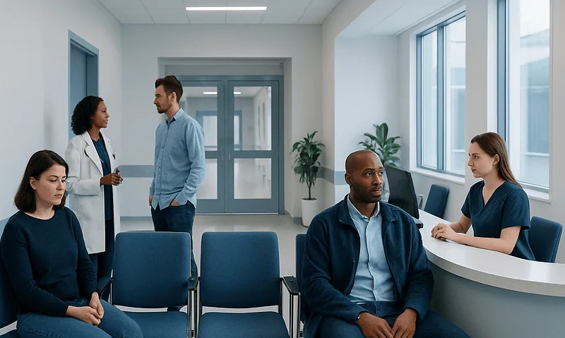 Medical consultation in a modern hospital waiting area with diverse patients and staff.