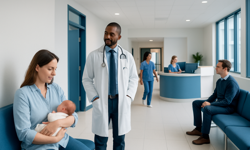 Mother with newborn in hospital waiting area with doctor and visitors.