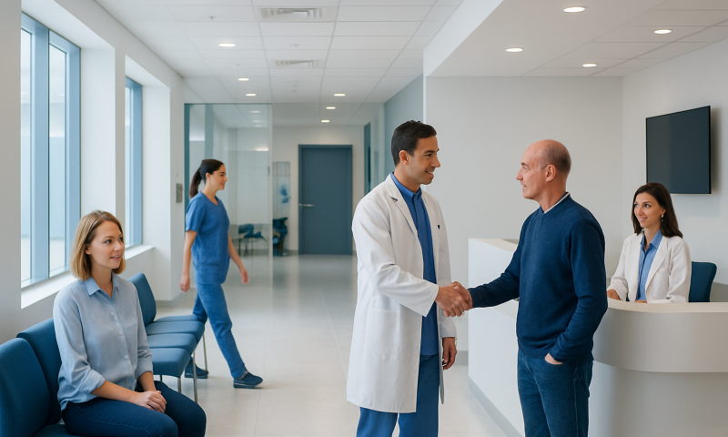 Doctor shaking hands with patient in hospital lobby with staff in background.