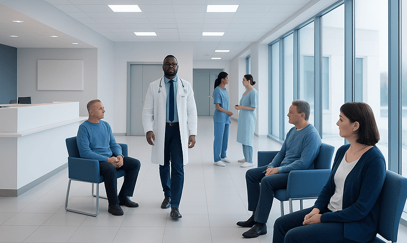 Doctor consulting with patients in a modern hospital waiting area.