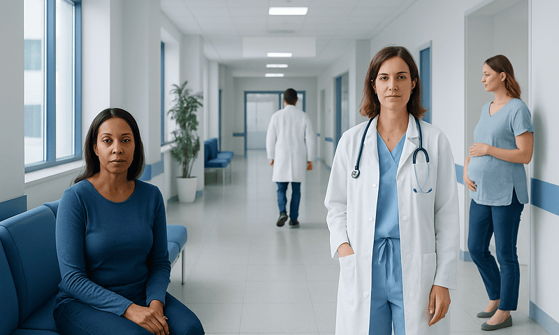 Medical professionals and patients in a hospital corridor.