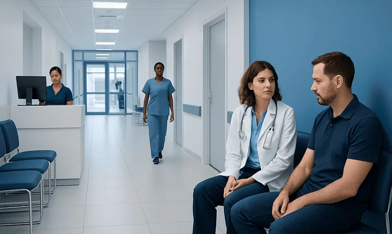 Hospital corridor with medical staff and patient waiting area.