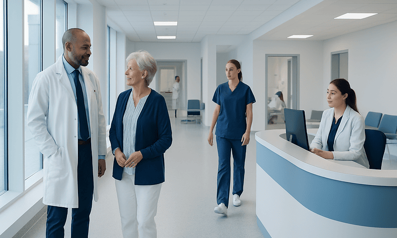 Doctors and nurses in a modern hospital corridor engaging in conversation.