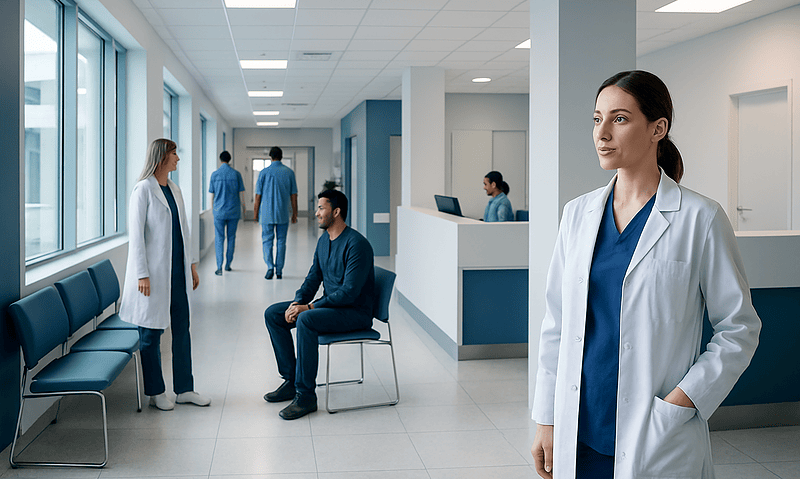 Healthcare professionals and patients in a modern hospital corridor.