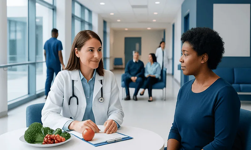 Doctor consulting with a patient in a modern hospital corridor.