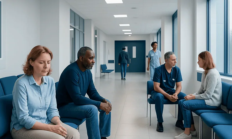 Patients waiting in a hospital corridor for medical consultation.