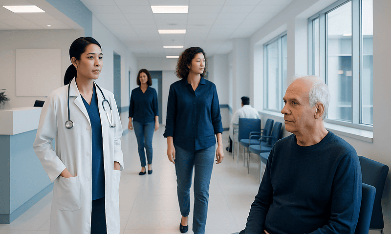 Medical professionals consulting with a patient in a hospital corridor.