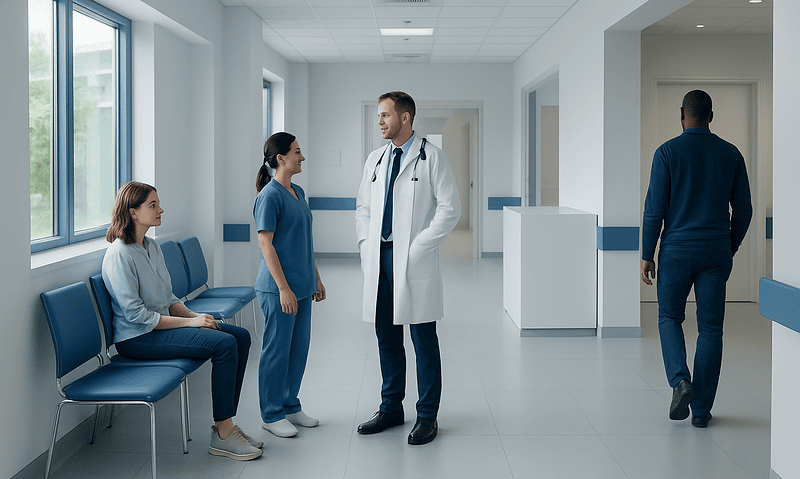 Medical team consulting in hospital corridor with patient and staff.