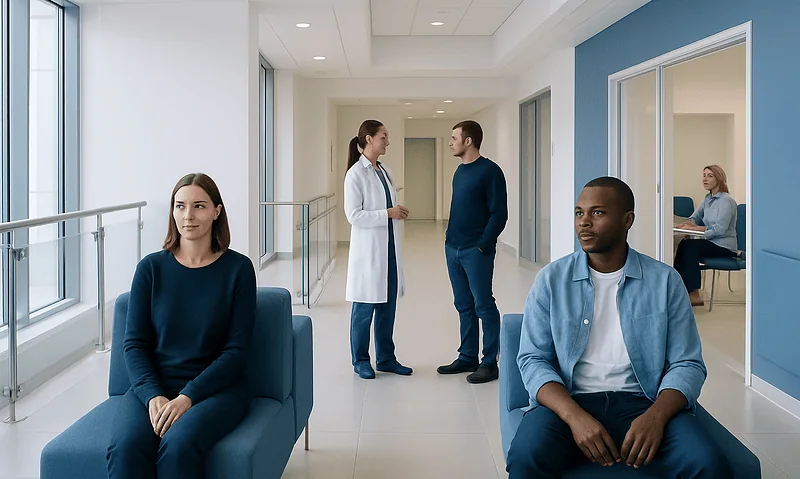 Patients waiting in a hospital corridor with a doctor consulting a patient.