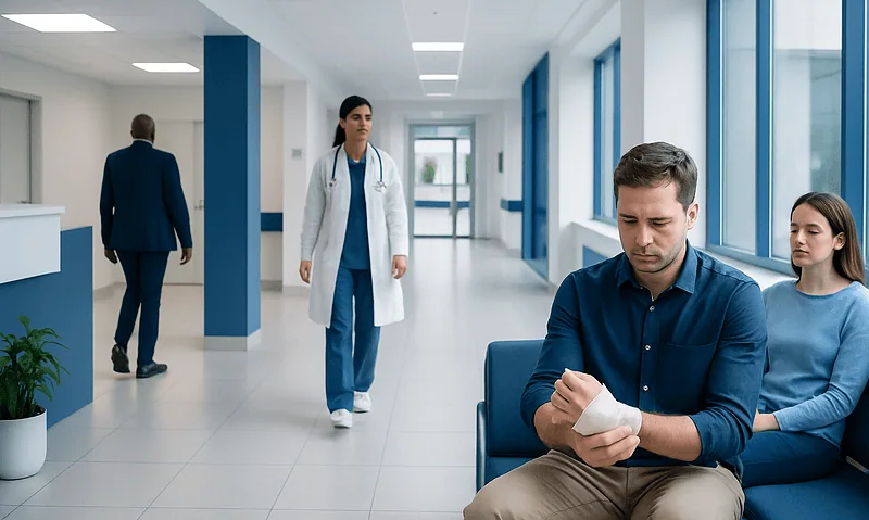 Patient with wrist injury in hospital waiting area.
