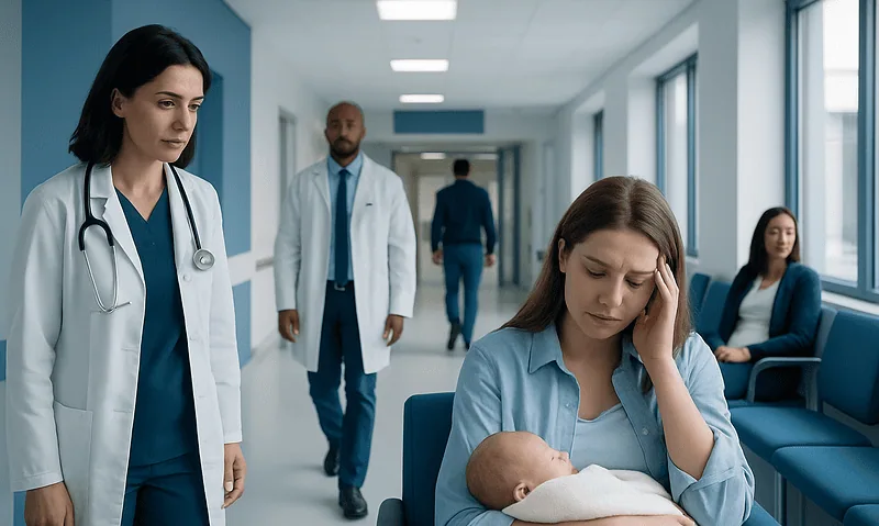 Mother with newborn in hospital, worried and distressed, healthcare staff nearby.