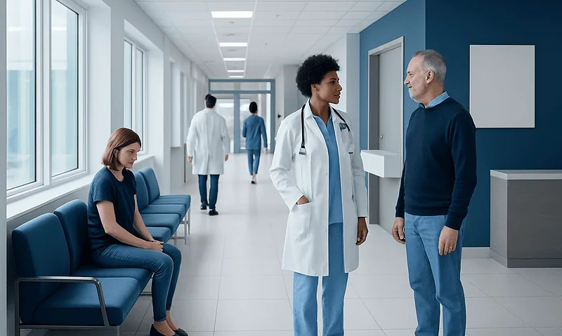 Doctor talking to patient in hospital corridor with waiting area.