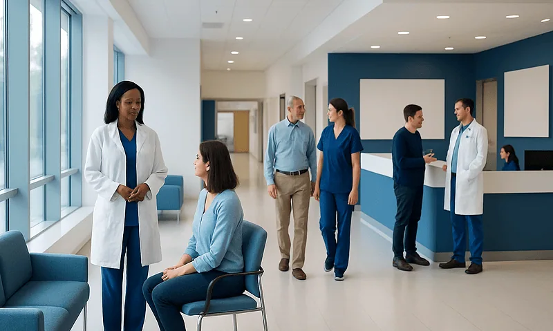 Healthcare professionals and patients in a modern hospital corridor.