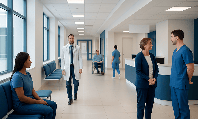 Hospital corridor with medical staff and patients in a modern healthcare facility.
