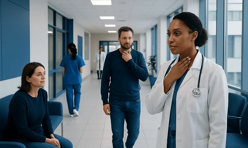 Medical professionals and patients in a hospital corridor at Acibadem Hospitals Group.
