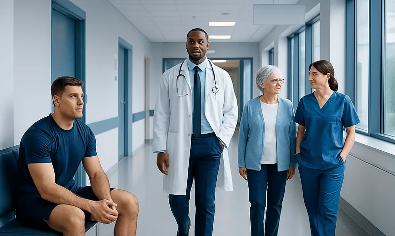 Medical professionals and patient in hospital corridor at Acibadem Hospitals Group.