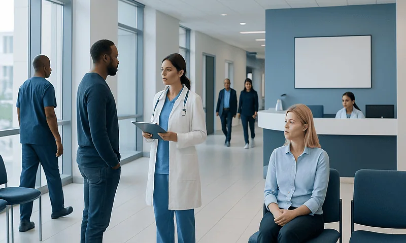 Healthcare professionals and patients in a modern hospital corridor.