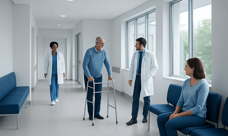 Elderly patient with walker talking to doctors in hospital corridor.
